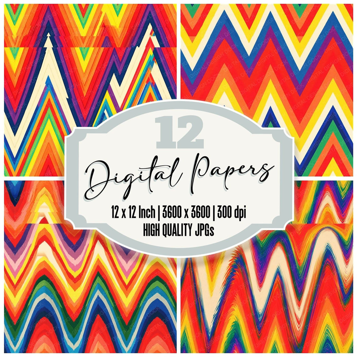 Rainbow Chevron Zigzag Cream Cherry Sunset Sunshine Grass Cobalt Purple Seamless Digital Paper Pack (DDD017994)