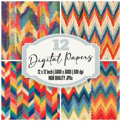 Rainbow Herringbone Cream Tomato Sunshine Cobalt Grass Seamless digital paper pack cover showing four of the 12 papers
