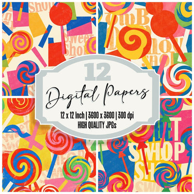 Rainbow Lollipop Candy Cream Cherry Sunshine Cobalt Grass Pink digital paper pack cover showing four of the 12 papers