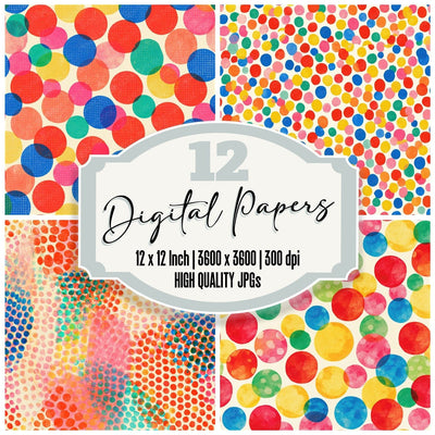 Rainbow Polka Dot Cream Cherry Sunshine Cobalt Grass Pink Seamless digital paper pack cover showing four of the 12 papers