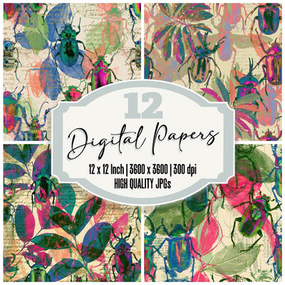Rainbow Scarab Beetle Insect Forest Cream Iridescent Emerald Metallic Magenta Cobalt digital paper pack cover showing four of the 12 papers