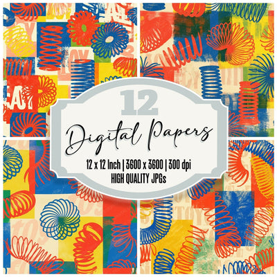 Rainbow Slinky Spring Playroom Cream Cobalt Cherry Sunshine Grass digital paper pack cover showing four of the 12 papers