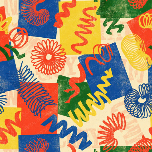 Single Rainbow Slinky Spring Playroom Cream Cobalt Cherry Sunshine Grass digital paper shown full size