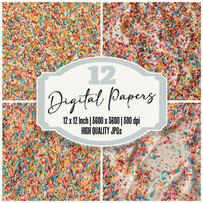 Rainbow Sprinkles Frosting Cream Cherry Sunshine Cobalt Mint Pink digital paper pack cover showing four of the 12 papers