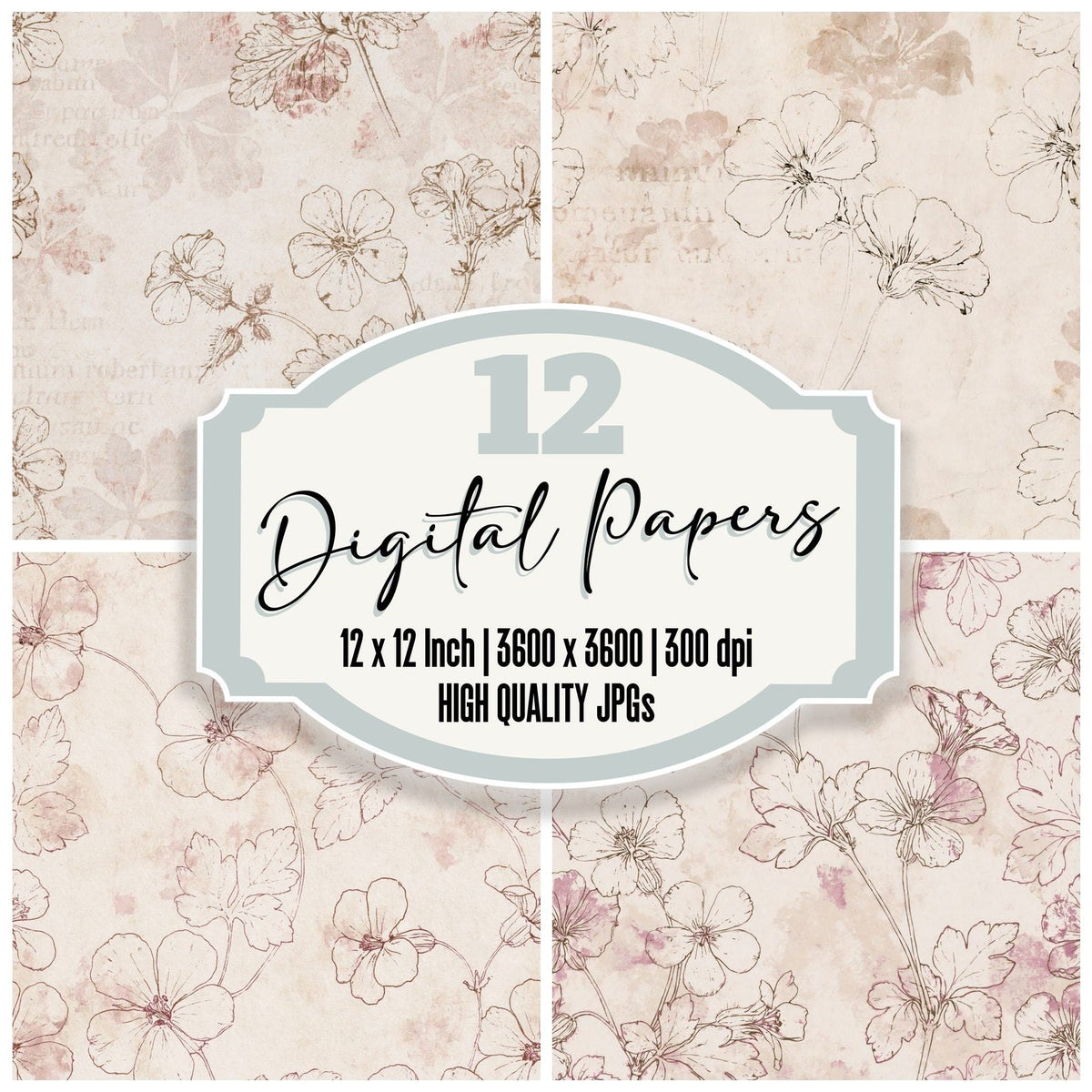 Herb Robert Flower Wall Cream Dusty Pink Bone Digital Paper Pack (DDD018112)
