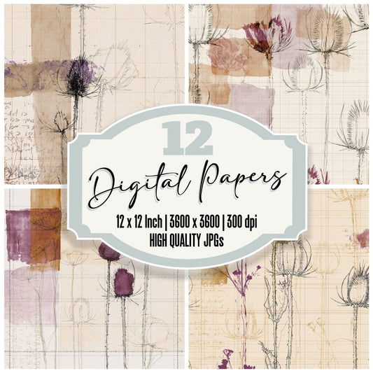 Pattern Studio Wild Teasel Bone Teasel Purple Seed Brown digital paper pack cover showing four of the 12 papers