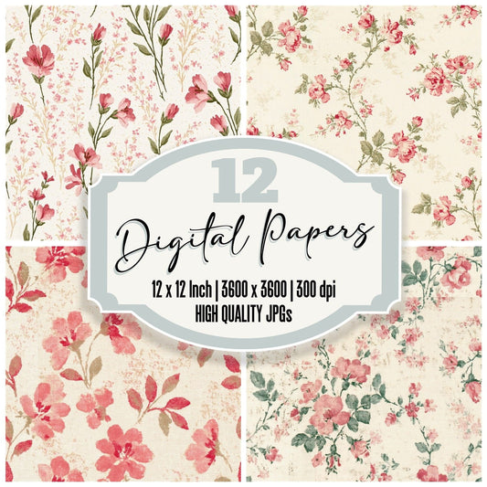 Sprigged Muslin Print Muslin Cream Dusty Rose Leaf Green Seamless digital paper pack cover showing four of the 12 papers