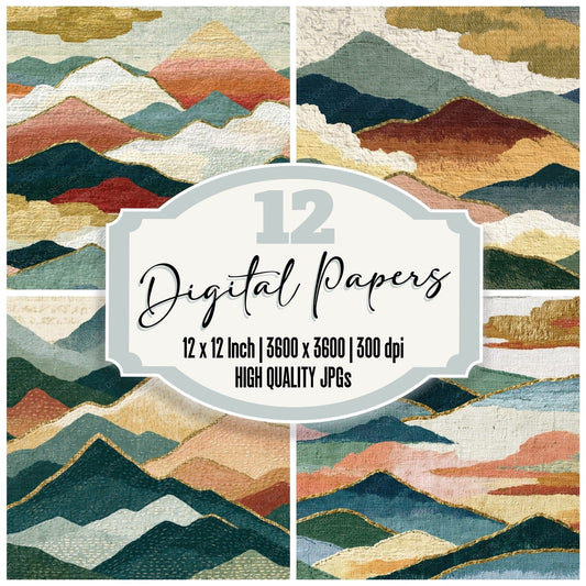 Kantha Mountains Blush Sage Ivory digital paper pack cover showing four of the 12 papers