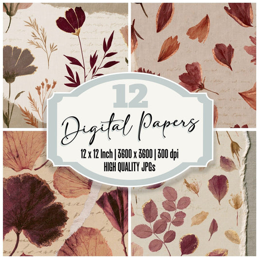 Torn Paper Botanical Study Port Milk digital paper pack cover showing four of the 12 papers