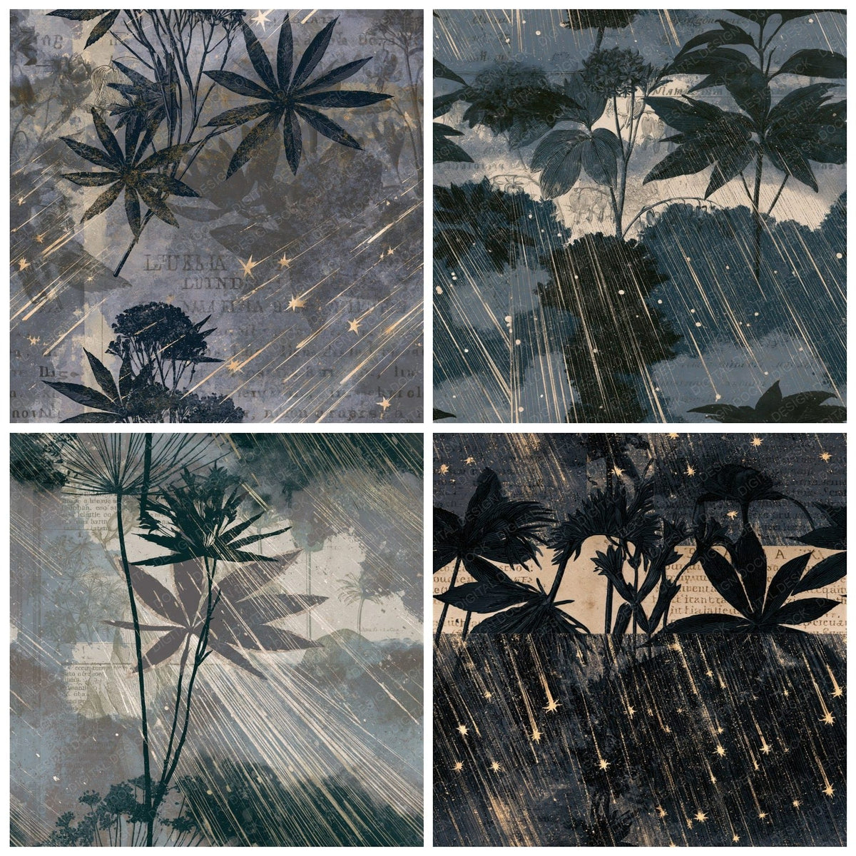 Antique Botanical Meteors Pewter Seamless Digital Paper Pack (DDD018145)