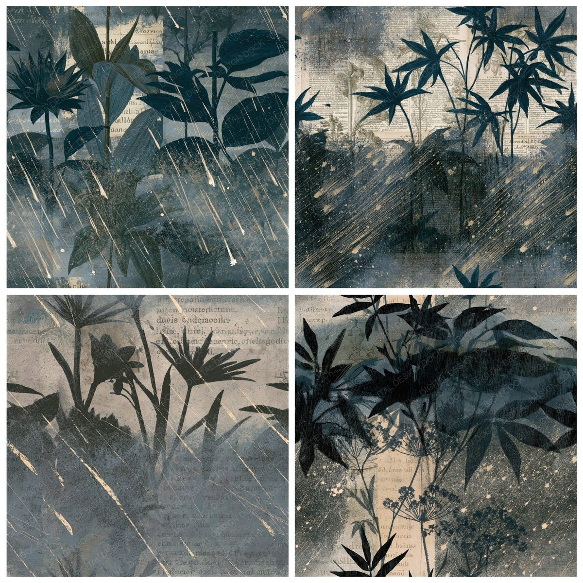 Antique Botanical Meteors Pewter Seamless Digital Paper Pack (DDD018145)