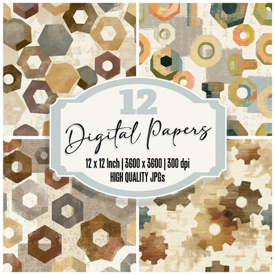 Embroidery Nuts Bolts Bone Stone digital paper pack cover showing four of the 12 papers