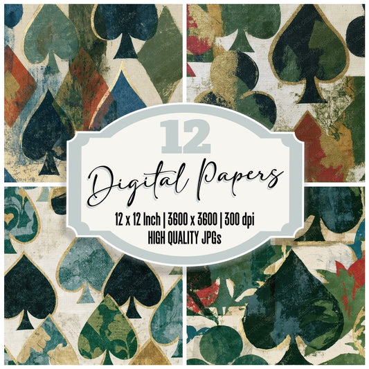 Monoprint Jokers Eucalyptus Moss digital paper pack cover showing four of the 12 papers