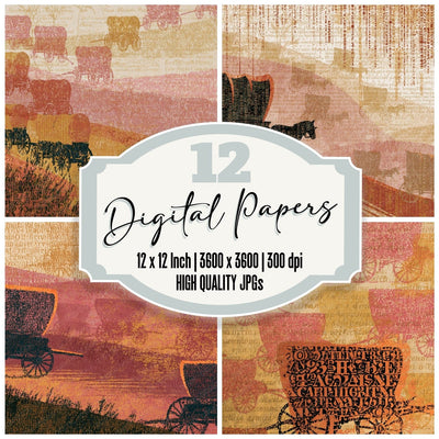 ASCII Pioneer Wagons Ochre Pink digital paper pack cover showing four of the 12 papers