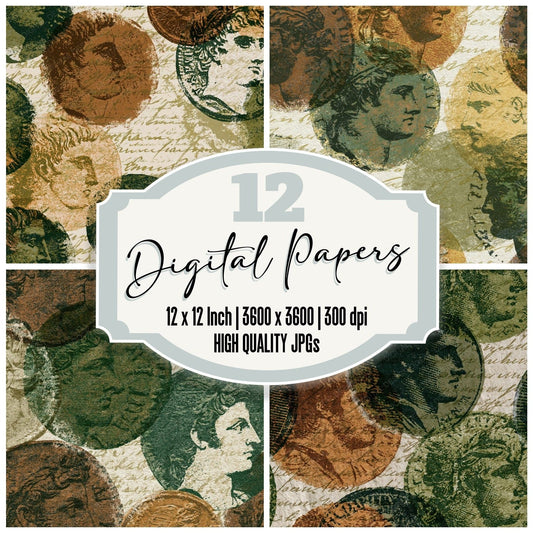 Drypoint Roman Coins Tobacco Moss digital paper pack cover showing four of the 12 papers