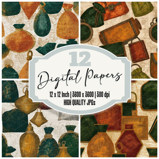 Engraving Jewel Bags Amber Moss Seamless digital paper pack cover showing four of the 12 papers