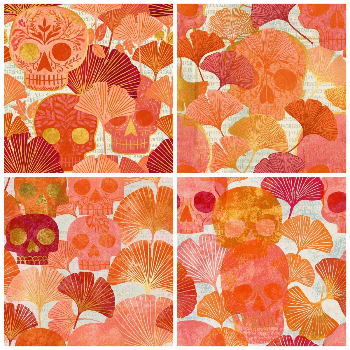 Folk Art Skulls Gingko Apricot Seamless Digital Paper Pack (DDD018194)