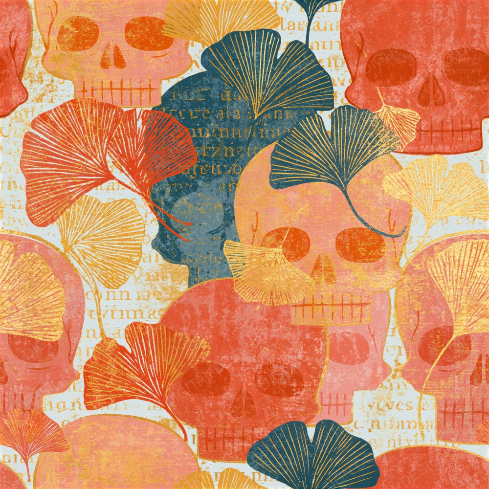 Folk Art Skulls Gingko Apricot Seamless Digital Paper Pack (DDD018194)