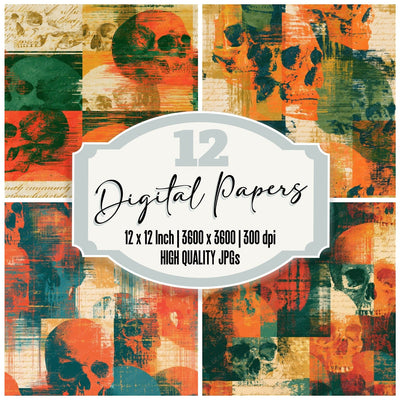Glitch Skulls Orange Moss Seamless digital paper pack cover showing four of the 12 papers
