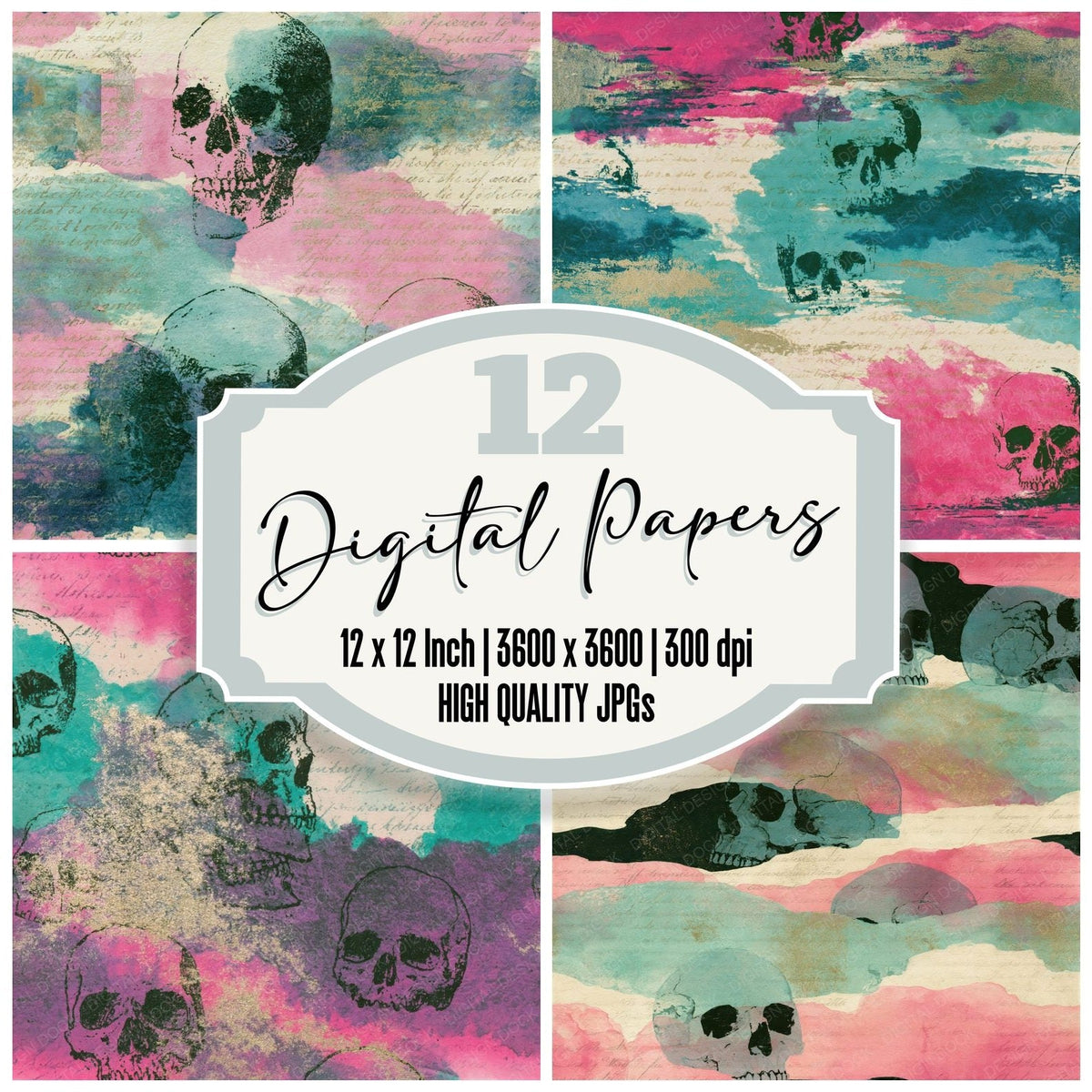 Ink Wash Skulls Cotton Candy Mint Seamless Digital Paper Pack (DDD018213)