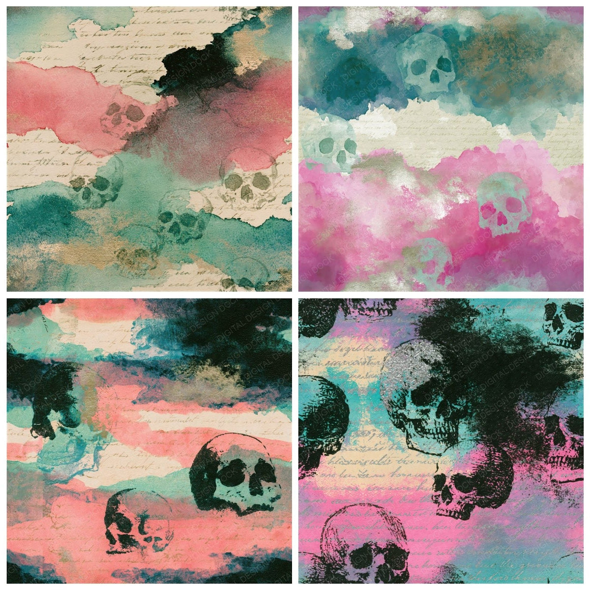 Ink Wash Skulls Cotton Candy Mint Seamless Digital Paper Pack (DDD018213)