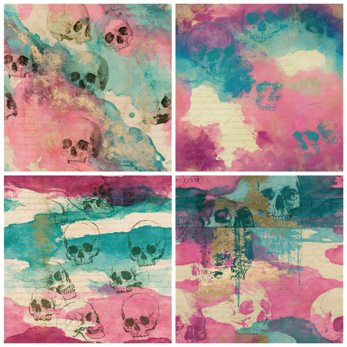 Ink Wash Skulls Cotton Candy Mint Seamless Digital Paper Pack (DDD018213)