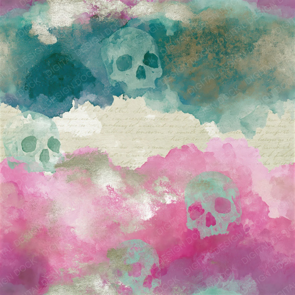 Ink Wash Skulls Cotton Candy Mint Seamless Digital Paper Pack (DDD018213)