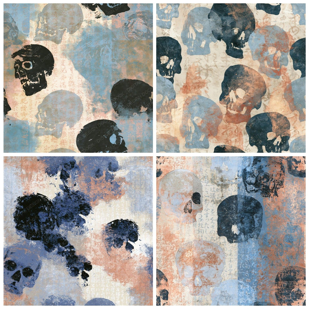 Greek Pottery Skulls Silver Blue Seamless Digital Paper Pack (DDD018229)