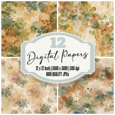 Cottage Garden Skulls Cinnamon Moss digital paper pack cover showing four of the 12 papers