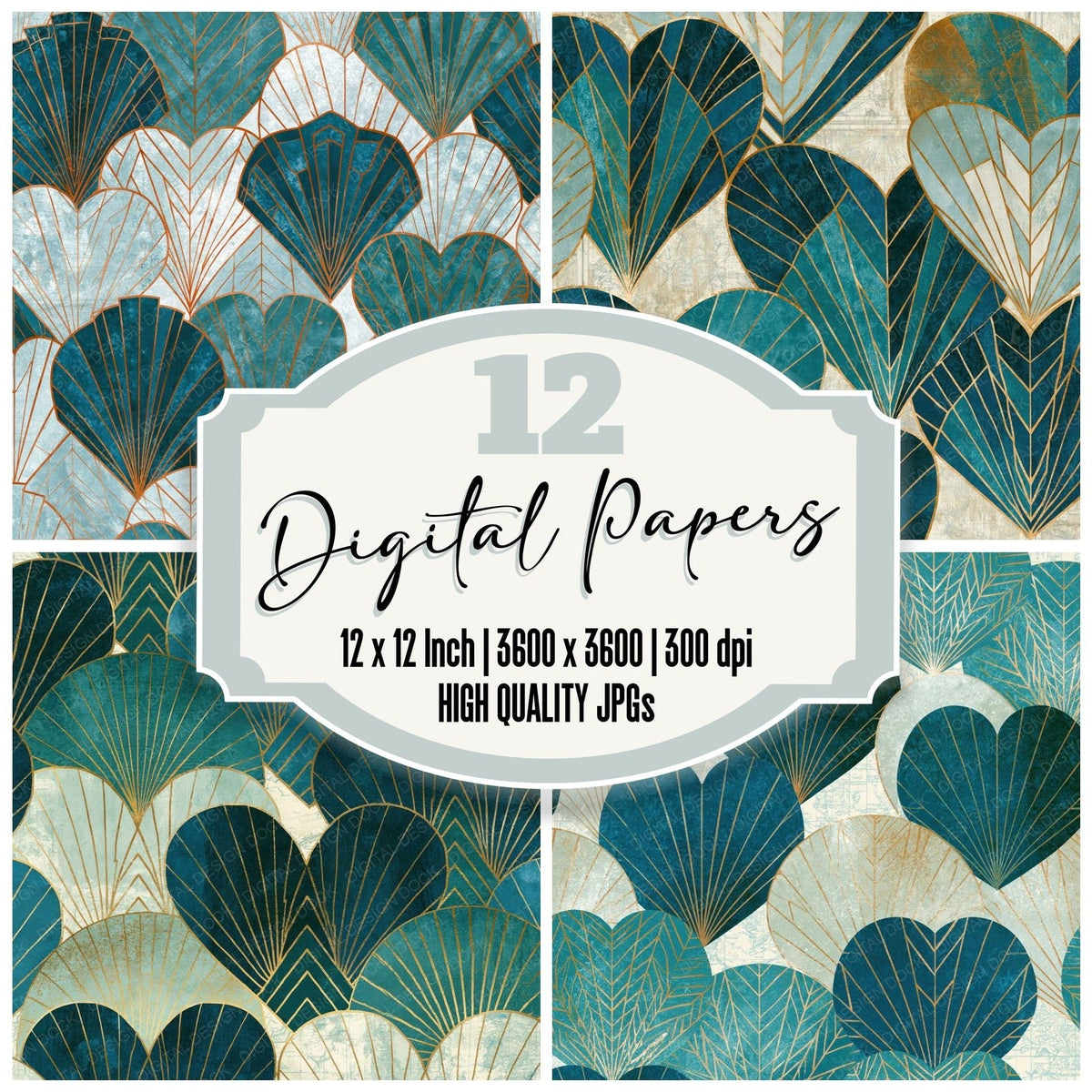 Art Deco Hearts Teal Pearl Abstract Digital Paper Pack (DDD018265)
