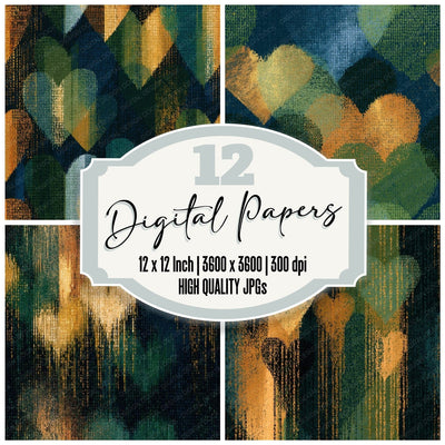 ASCII Hearts Palm Ochre Seamless digital paper pack cover showing four of the 12 papers