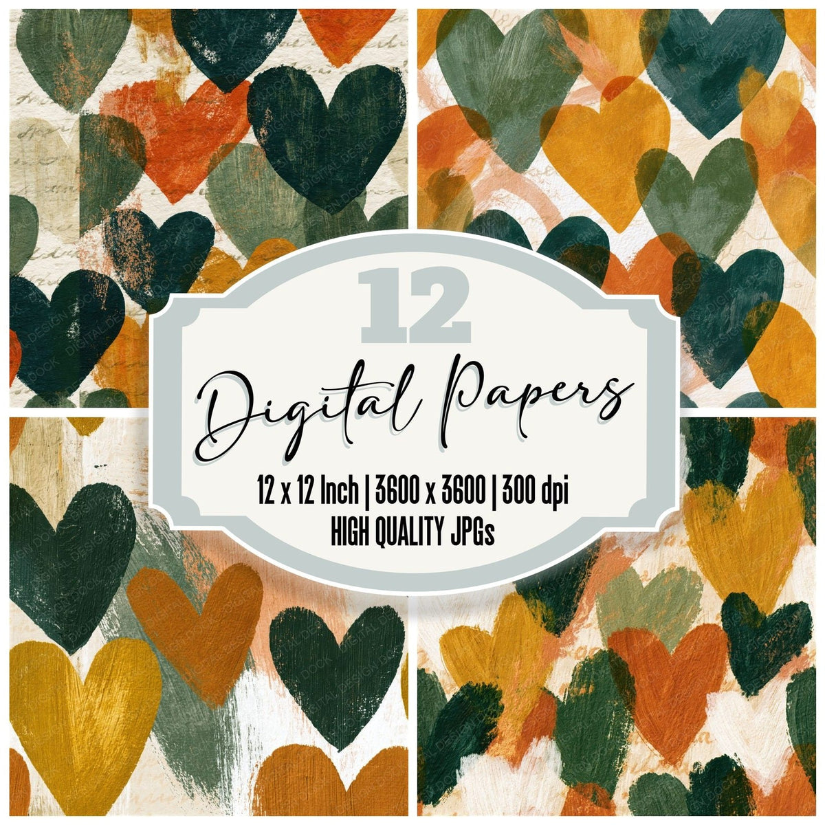 Gouache Hearts Amber Moss Seamless Digital Paper Pack (DDD018271)