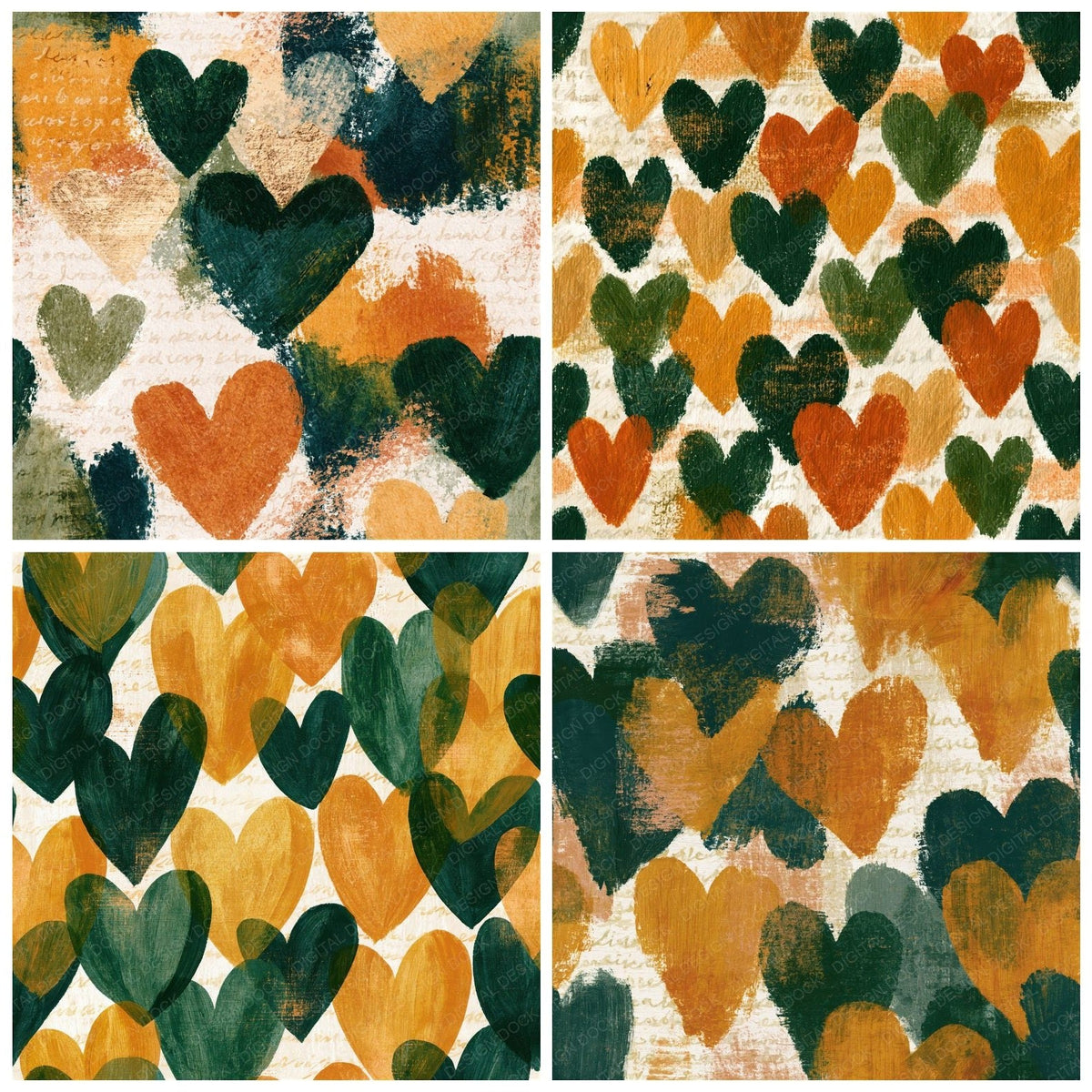 Gouache Hearts Amber Moss Seamless Digital Paper Pack (DDD018271)