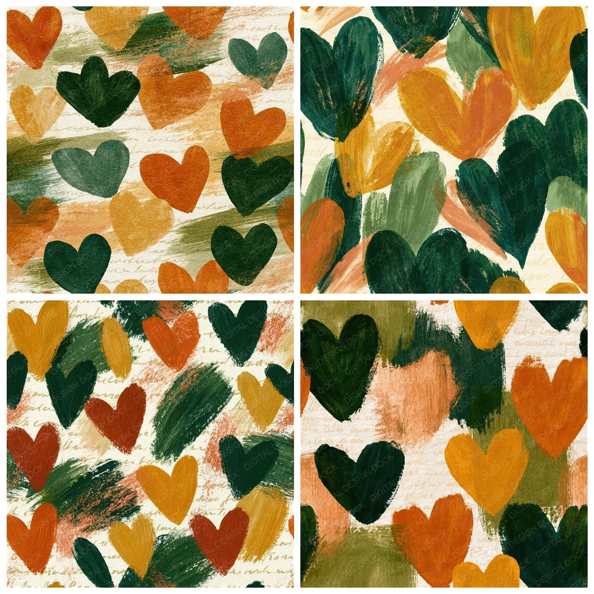Gouache Hearts Amber Moss Seamless Digital Paper Pack (DDD018271)