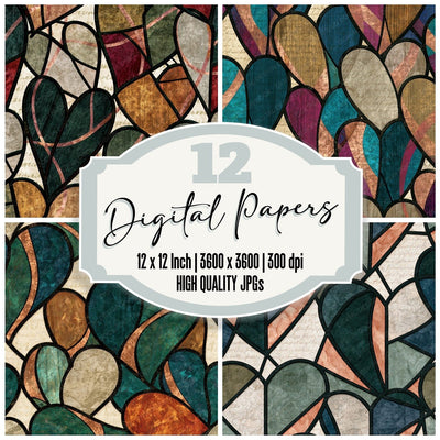Stained Glass Hearts Pine Cedar Abstract digital paper pack cover showing four of the 12 papers