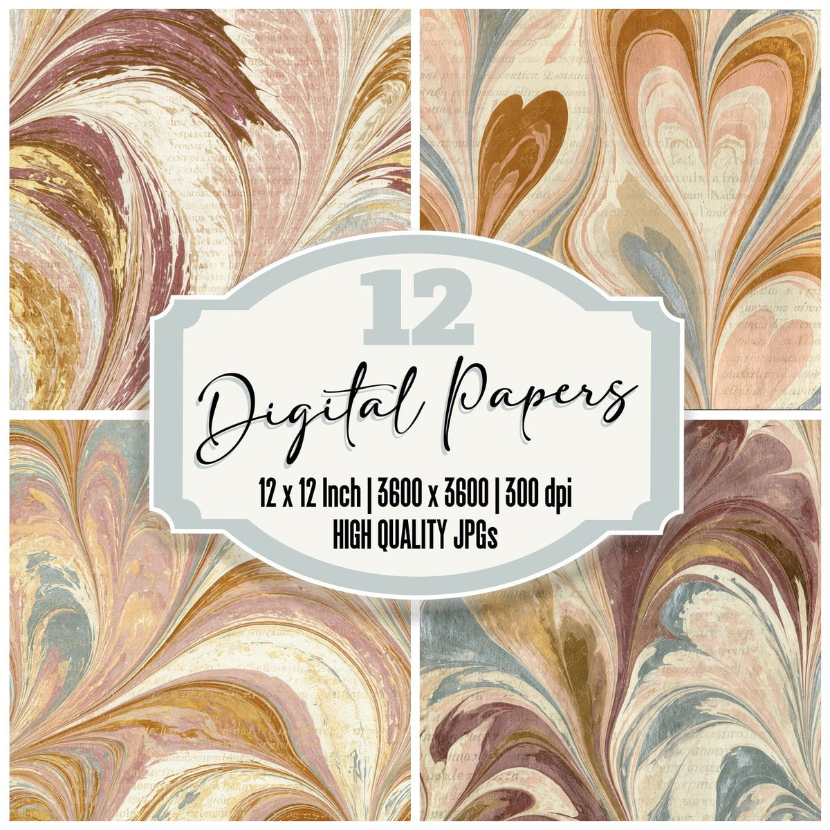 Paper Marbling Hearts Sepia Rose Abstract Digital Paper Pack (DDD018296)