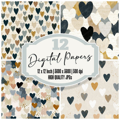 Scandinavian Hearts Linen Slate digital paper pack cover showing four of the 12 papers
