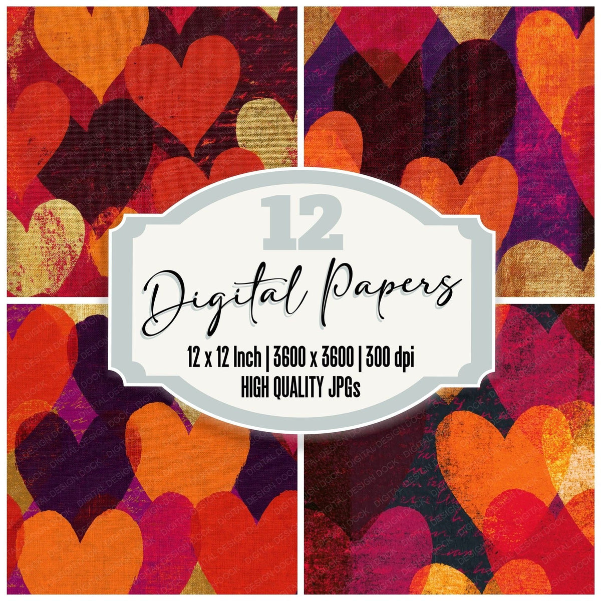 Screenprint Love Hearts Pumpkin Wine Abstract Digital Paper Pack (DDD018302)