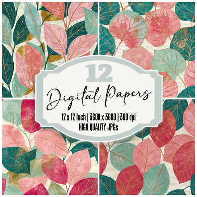 Egg Tempera Leaf Pink Mint Seamless digital paper pack cover showing four of the 12 papers