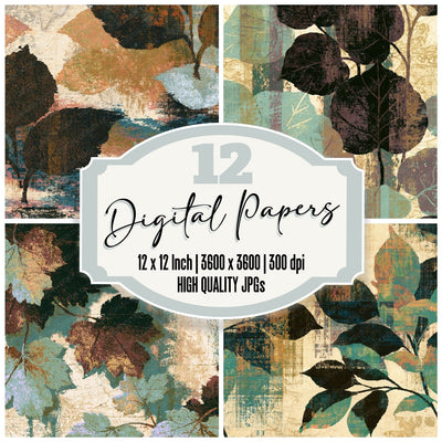 Glitch Art Leaf Coffee Sage Abstract digital paper pack cover showing four of the 12 papers