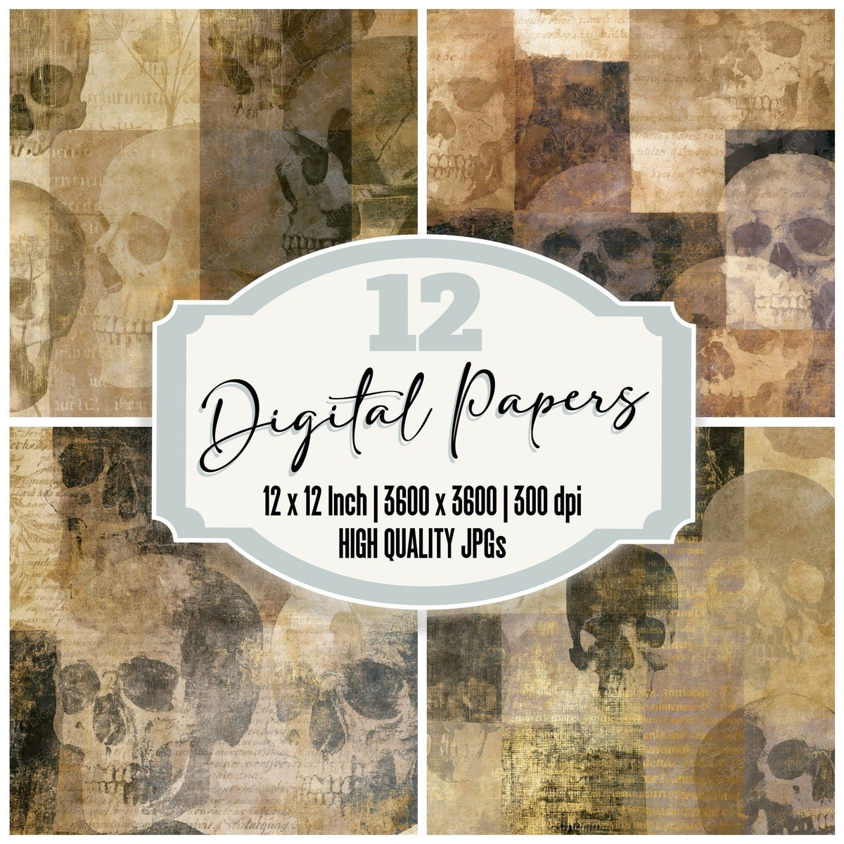 Haunted Skulls Sepia Mushroom Abstract Digital Paper Pack (DDD018311)