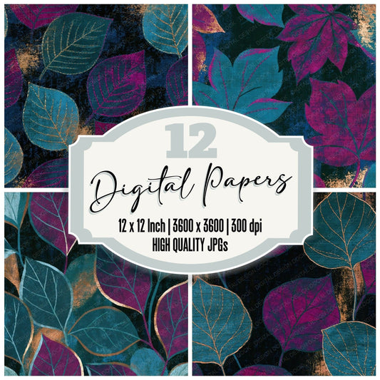 Kantha Leaf Teal Magenta Abstract digital paper pack cover showing four of the 12 papers