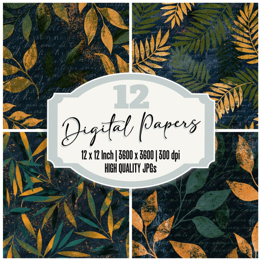Letterpress Leaf Palm Ochre Midnight digital paper pack cover showing four of the 12 papers