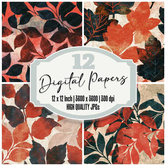 Mezzotint Leaf Crimson Coal Seamless digital paper pack cover showing four of the 12 papers