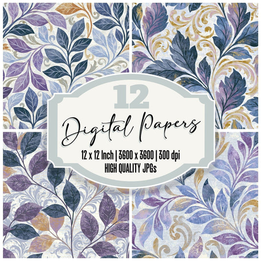 Rococo Leaf Violet Grey Abstract digital paper pack cover showing four of the 12 papers