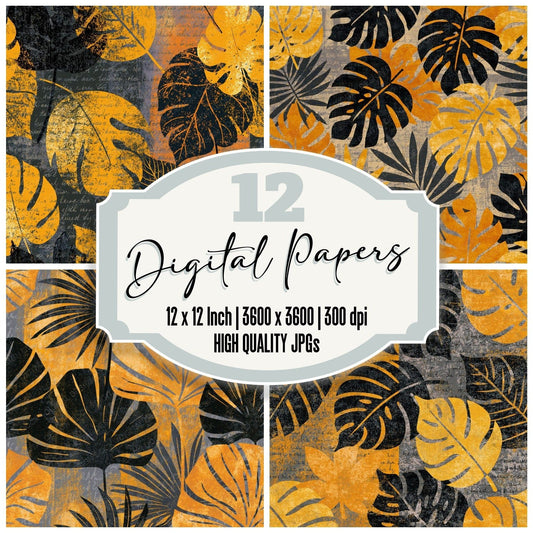 Tiki Leaf Yellow Obsidian Abstract digital paper pack cover showing four of the 12 papers