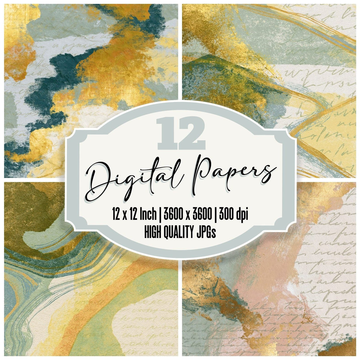 Drypoint Gold Leaf Sage Primrose Abstract Digital Paper Pack (DDD018326)