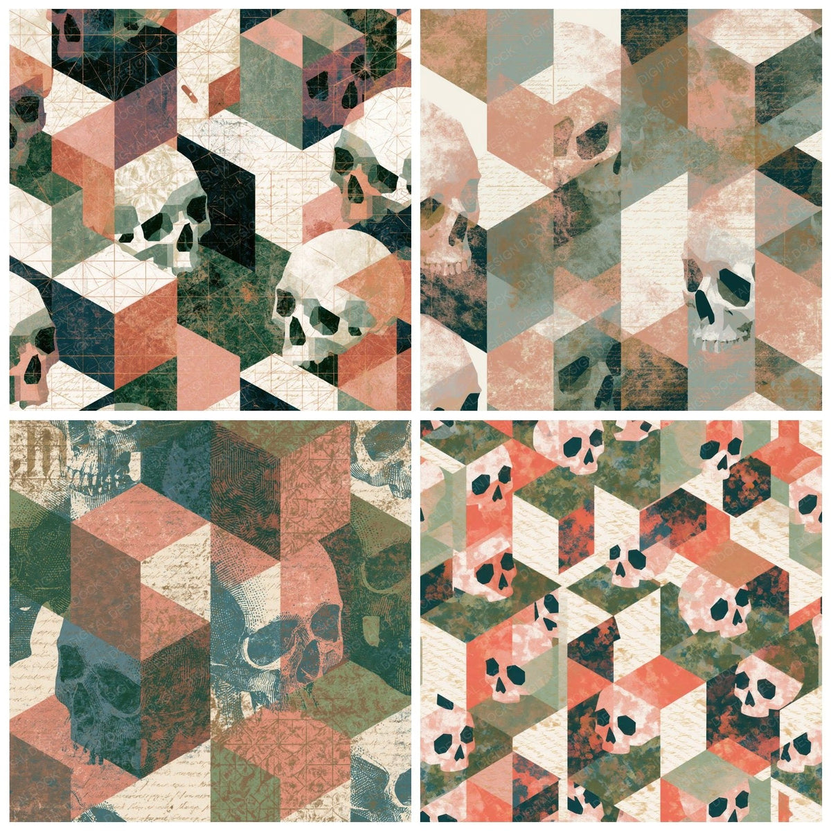 Isometric Haunted Skulls Rose Gold Moss Abstract Digital Paper Pack (DDD018329)