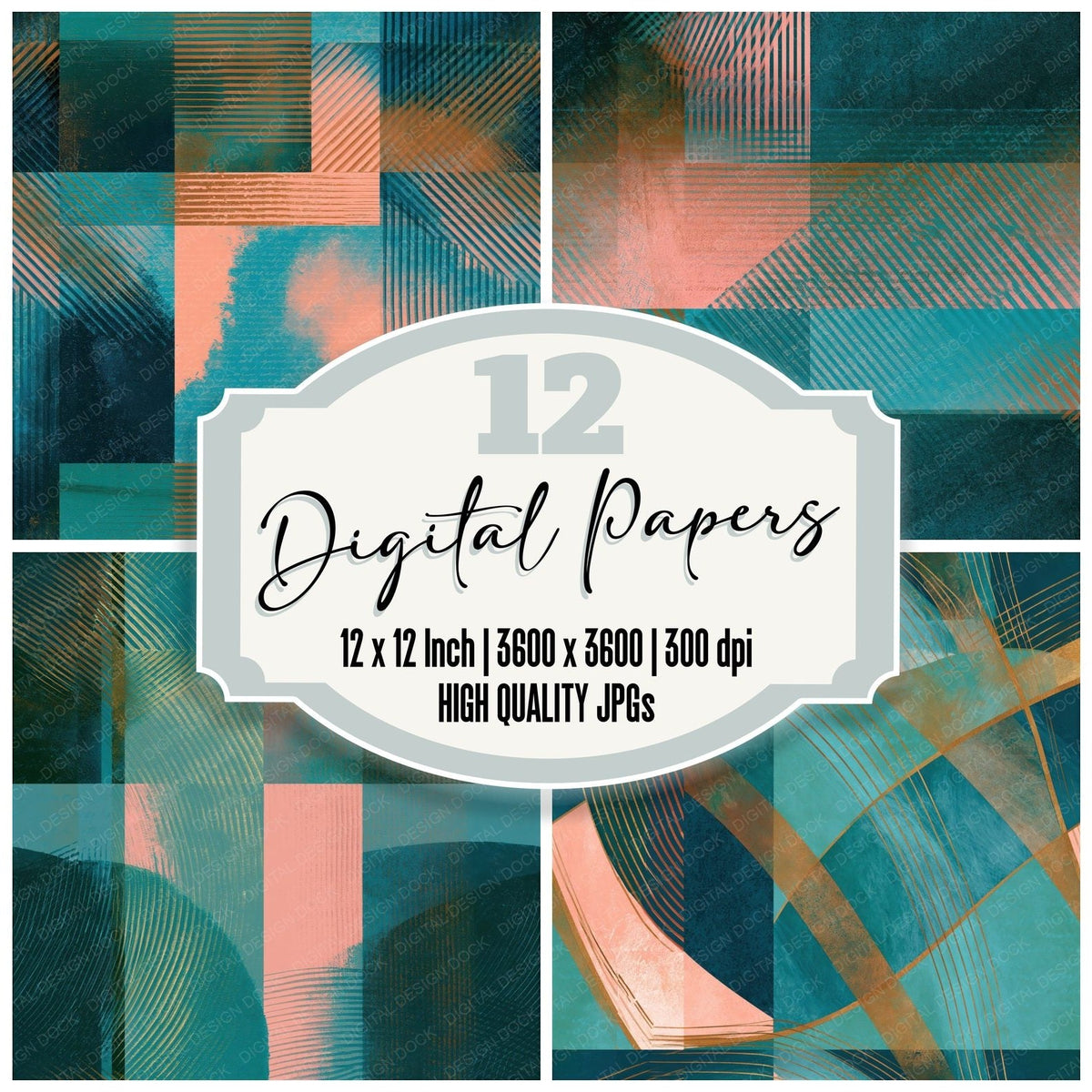 Op Art Gold Leaf Aqua Teal Seamless Digital Paper Pack (DDD018333)