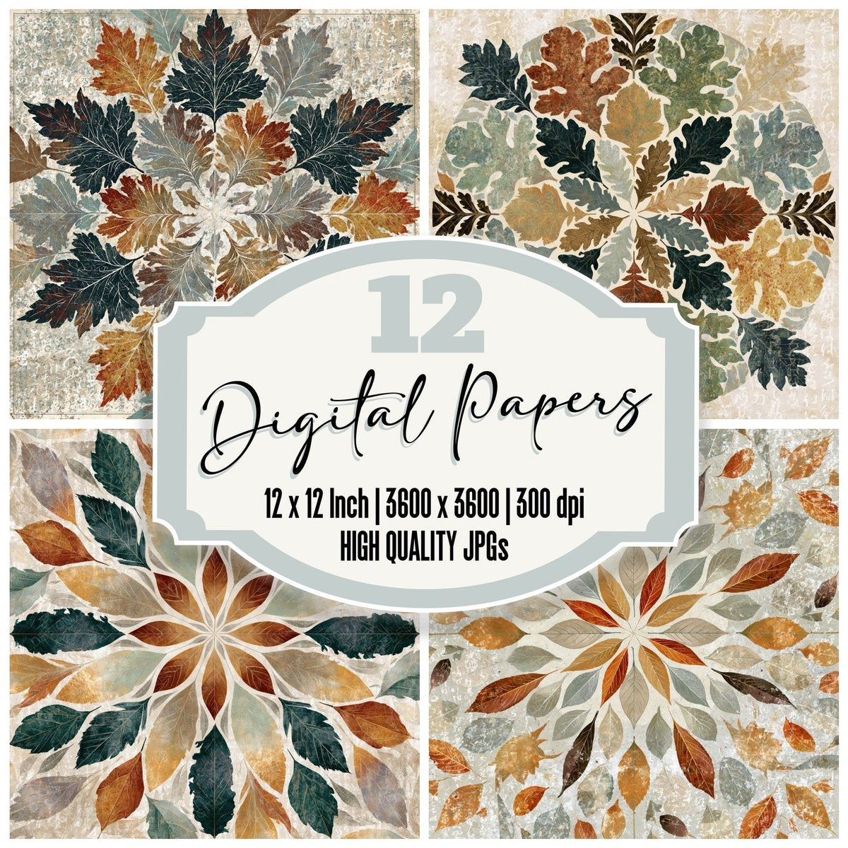 Radial Biological Leaves Earth Rust Bone Digital Paper Pack (DDD018335)